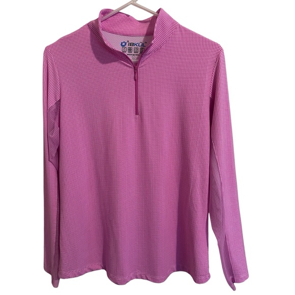 IBKUL Gingham UPF 50+ Cool Feel Long Sleeve 1/4 Zip Golf Shirt Women's L Pink - Picture 1 of 3